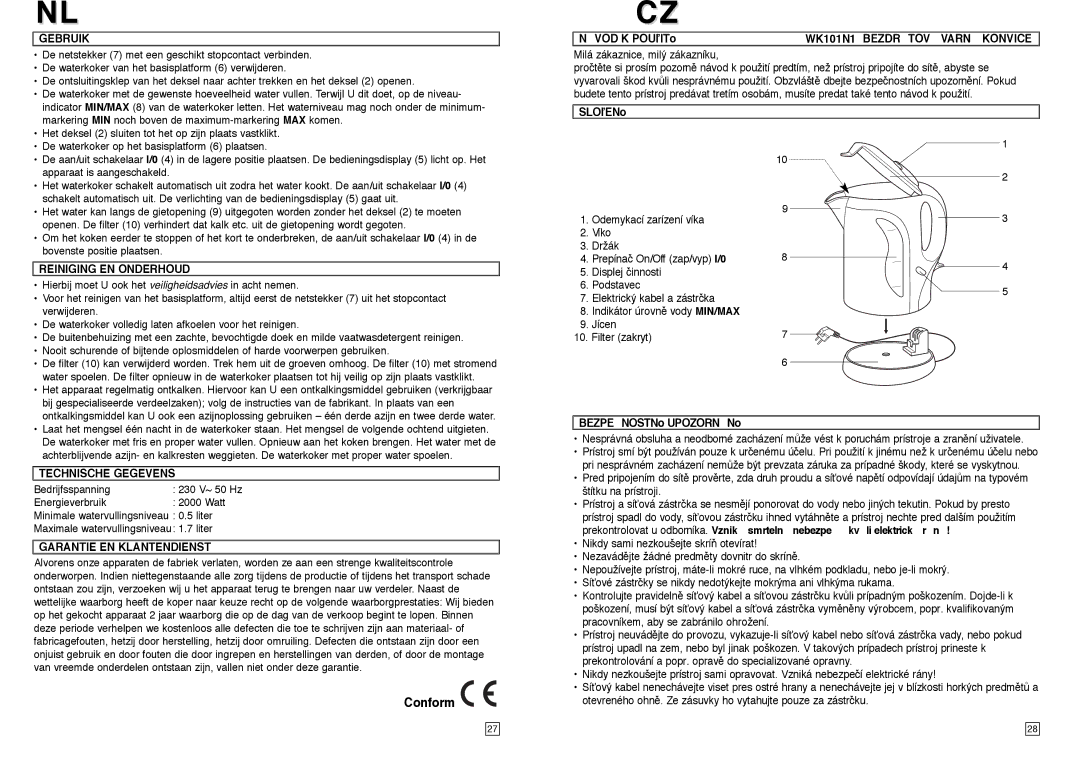 Elta instruction manual Conform, WK101N1 Bezdrtov Varn Konvice, Bezpenostnœ Upozornnœ 