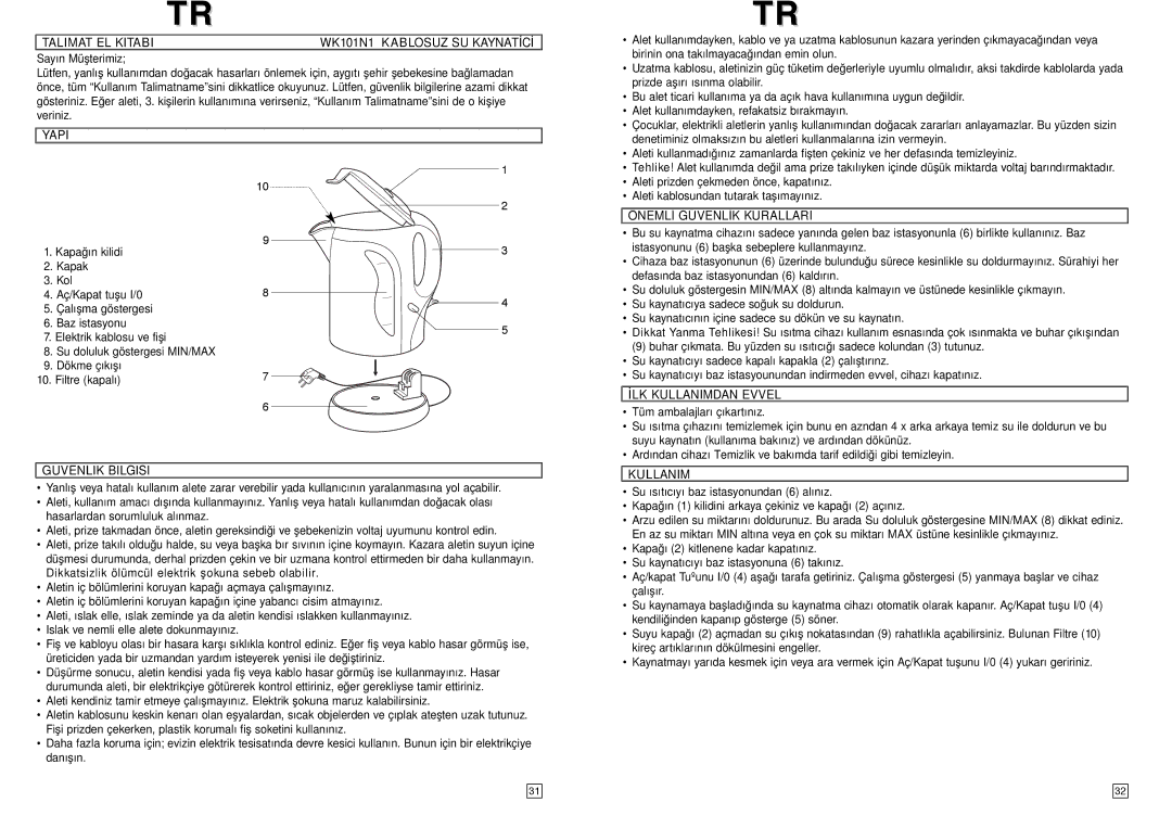 Elta instruction manual Talimat EL Kitabi WK101N1 Kablosuz SU Kaynatİcİ 