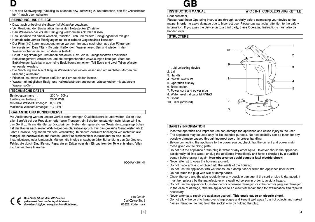 Elta Reinigung UND Pflege, Technische Daten, Garantie UND Kundendienst, WK101N1 Cordless JUG Kettle, Structure 