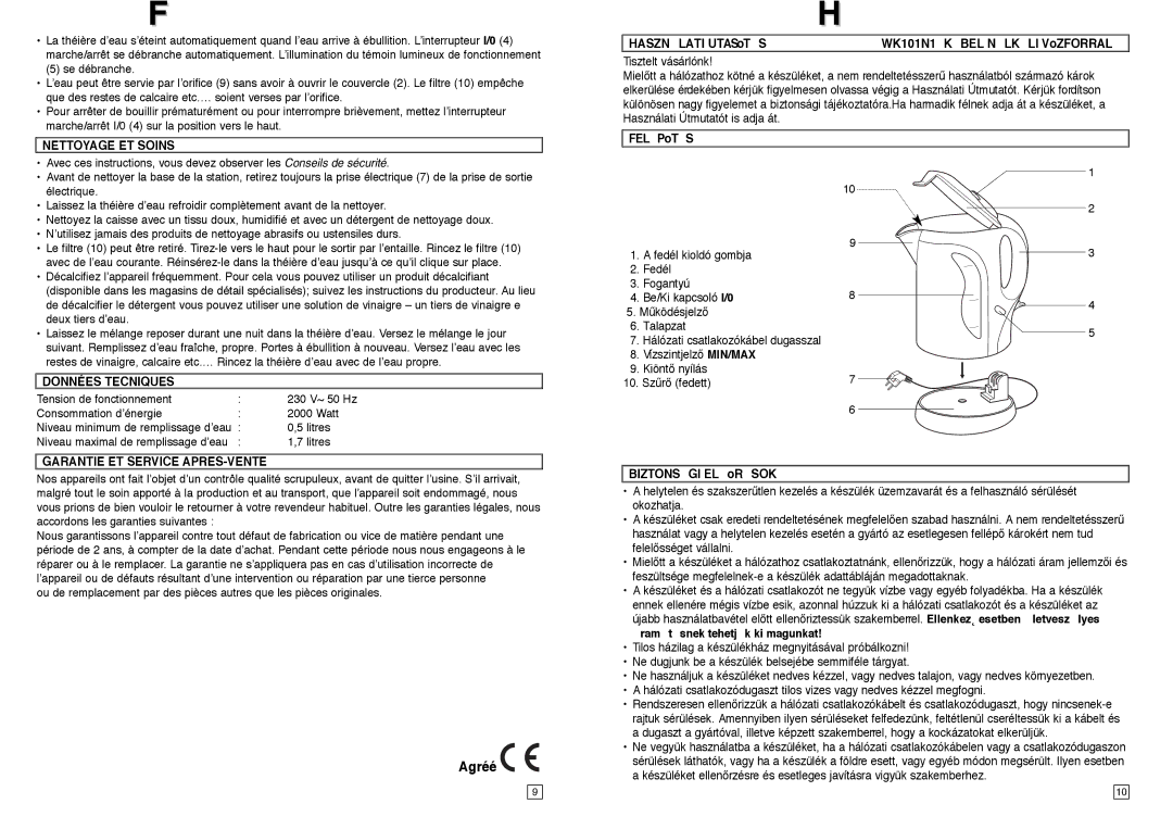 Elta instruction manual Agréé, Hasznlati Utasœts WK101N1 Kbel Nlkli Vœzforral, Felpœts, Biztonsgi Elœrsok 