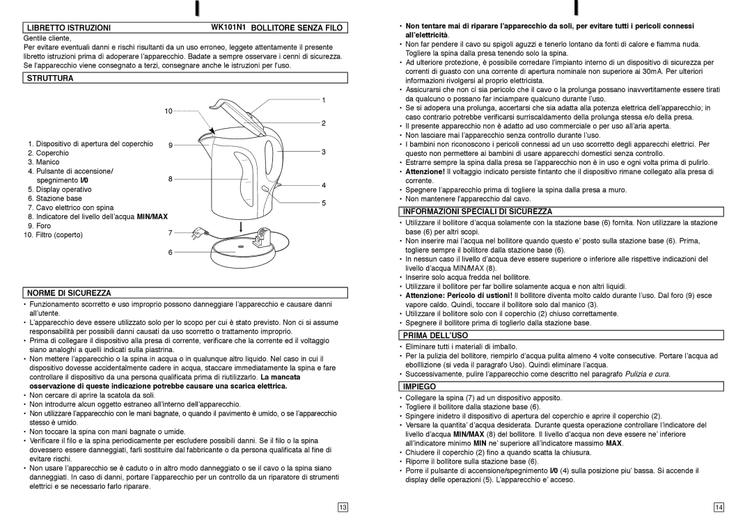 Elta Libretto Istruzioni WK101N1 Bollitore Senza Filo, Struttura, Norme DI Sicurezza, Prima DELL’USO, Impiego 