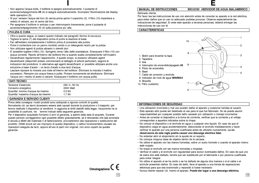 Elta WK101N1 instruction manual Omologazione 