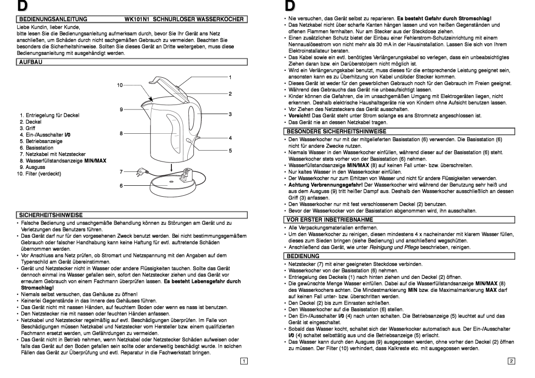 Elta instruction manual Bedienungsanleitung, WK101N1 SCHNURLOSER WASSERKOCHER, Aufbau, Sicherheitshinweise, Stromschlag 