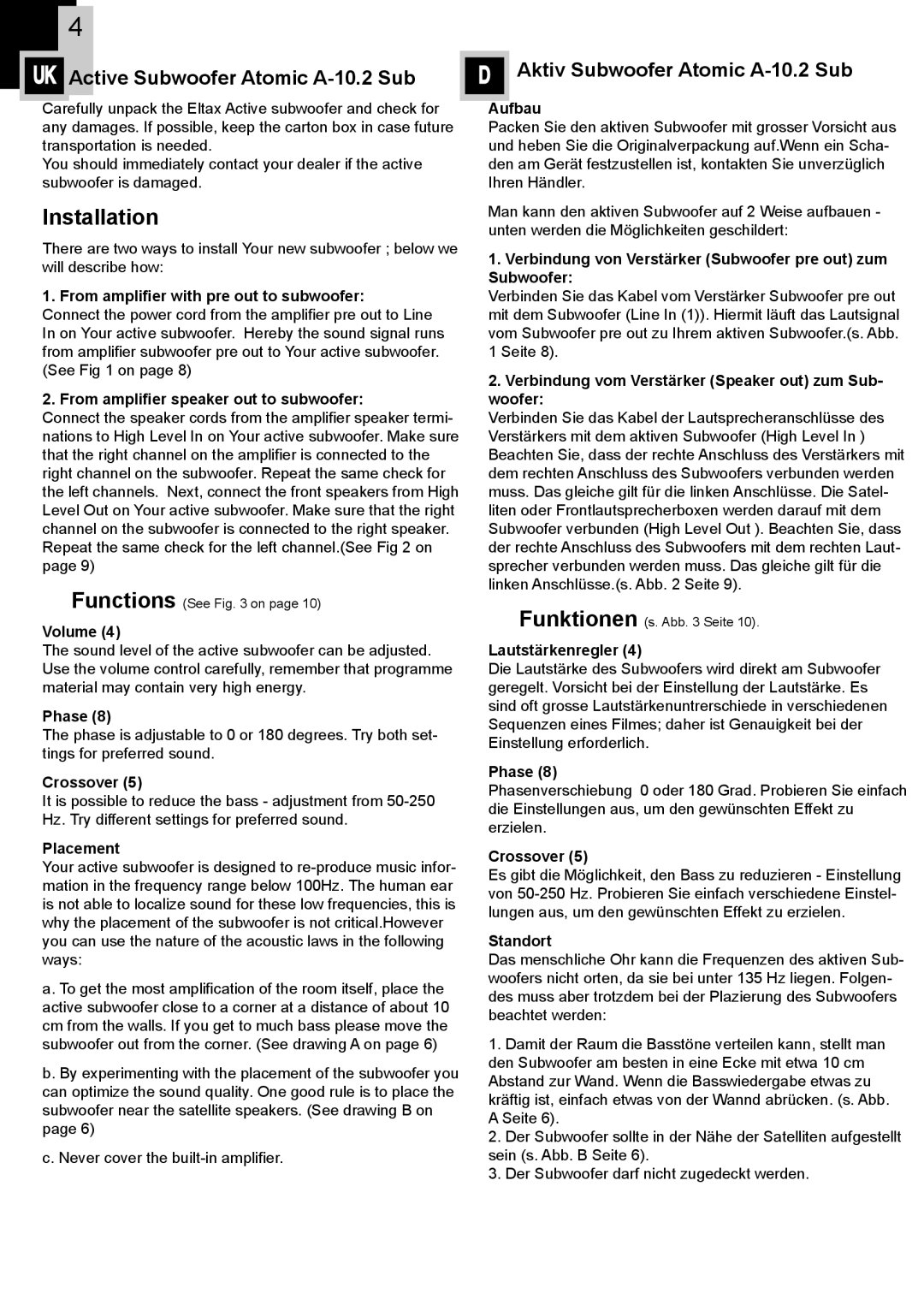 Eltax instruction manual UK Active Subwoofer Atomic A-10.2 Sub, Aktiv Subwoofer Atomic A-10.2 Sub 