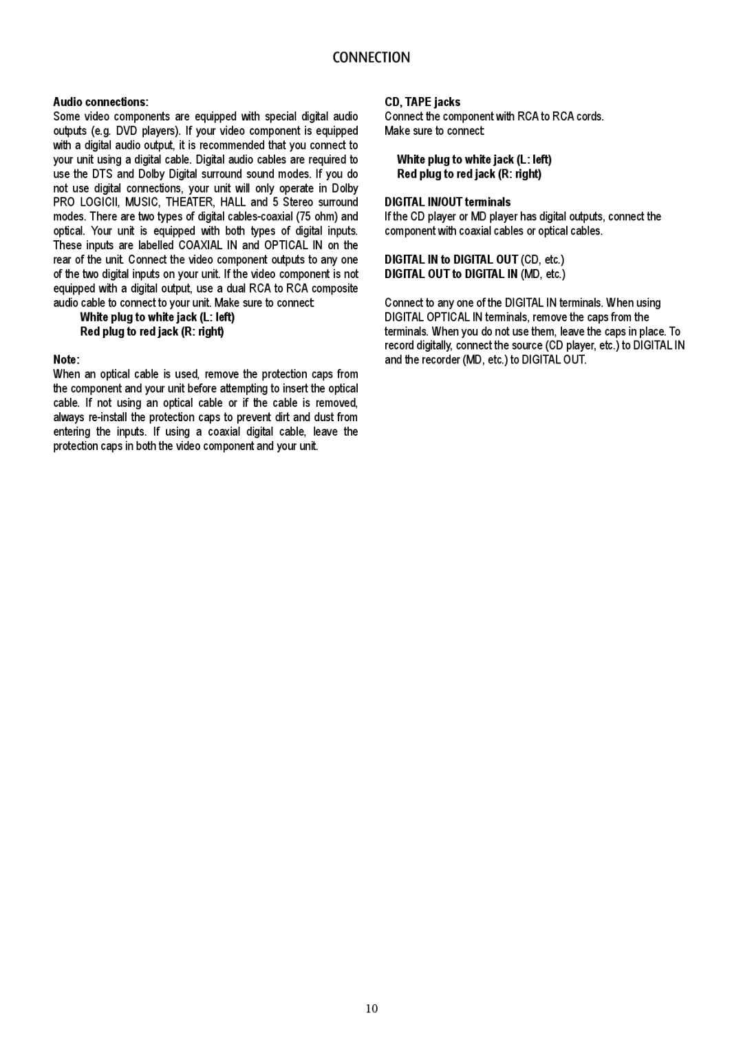 Eltax AVR-320 instruction manual Audio connections, CD, Tape jacks 