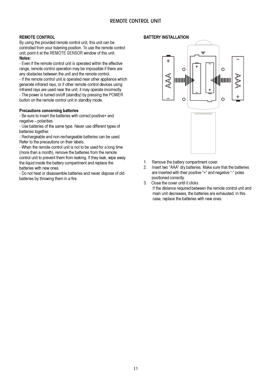 Eltax AVR-320 instruction manual Remote Control Unit, Precautions concerning batteries, Battery Installation 