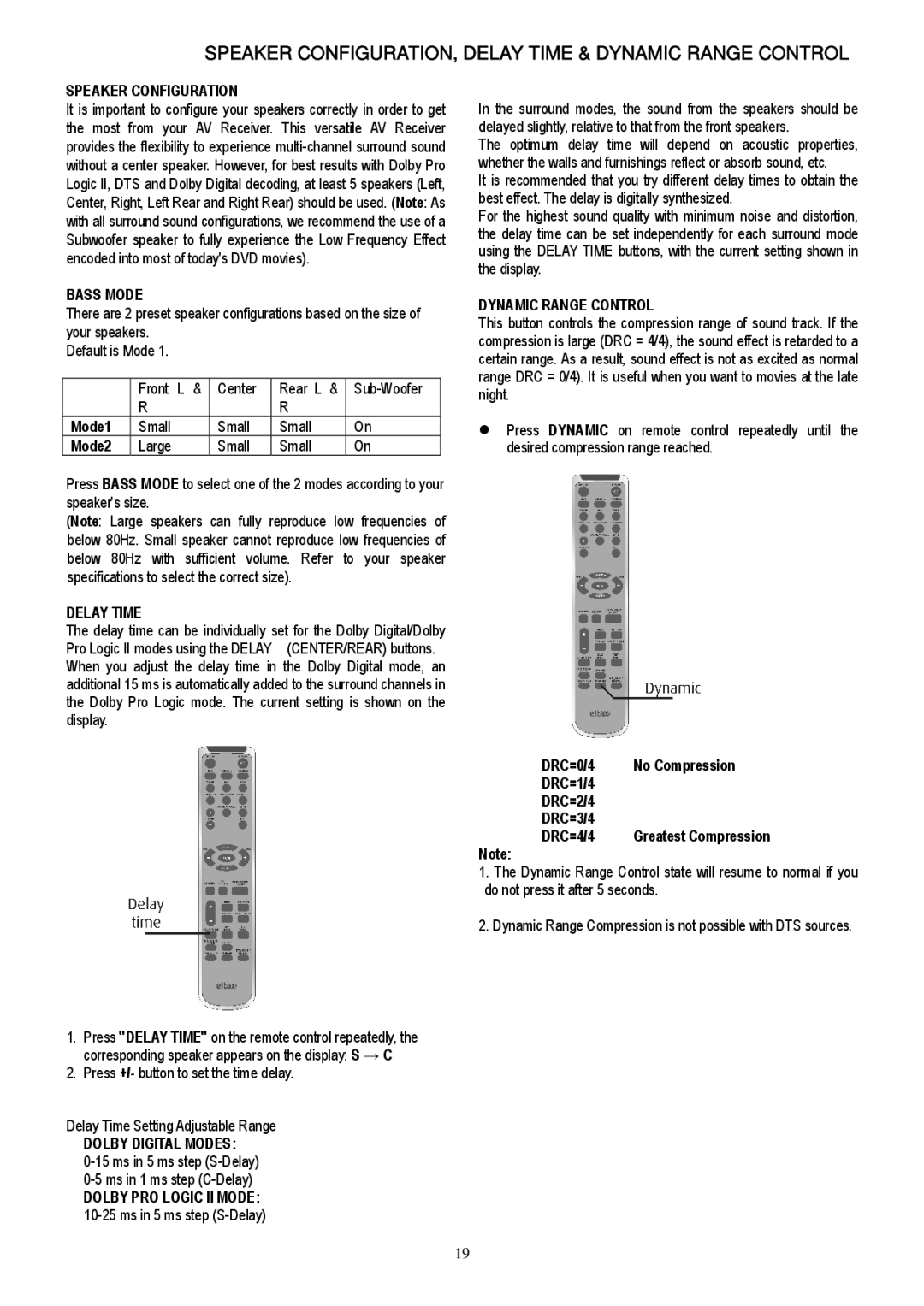 Eltax AVR-320 instruction manual Speaker CONFIGURATION, Delay Time & Dynamic Range Control 