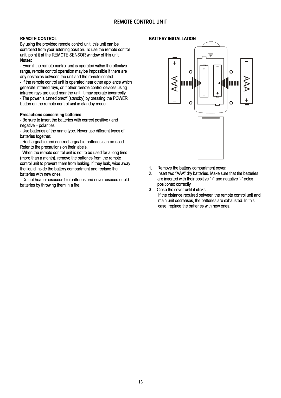 Eltax AVR-320 instruction manual Remote Control Unit, Precautions concerning batteries, Battery Installation 