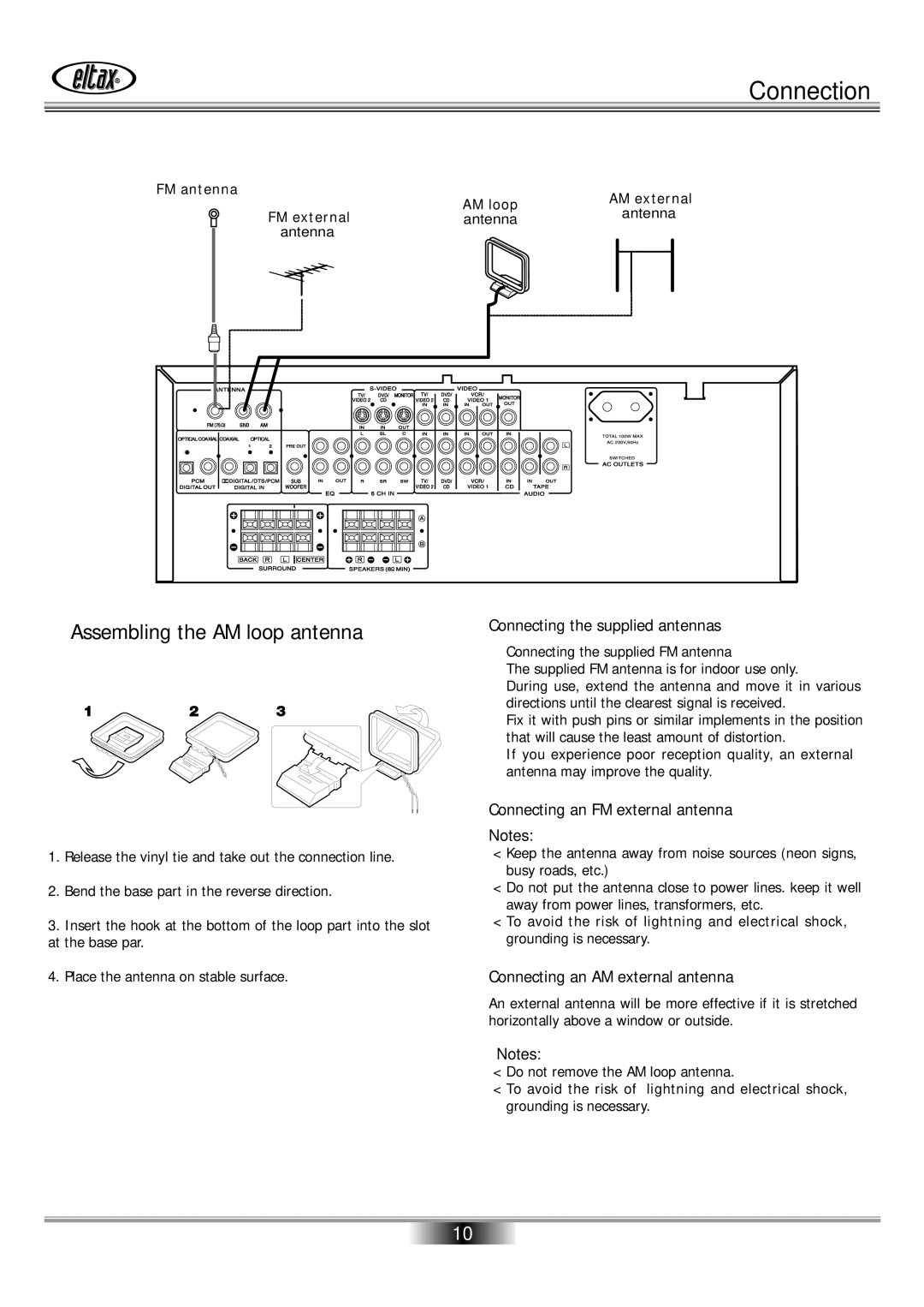 Eltax AVR-800 Assembling the AM loop antenna, Connecting the supplied antennas, Connecting an FM external antenna 