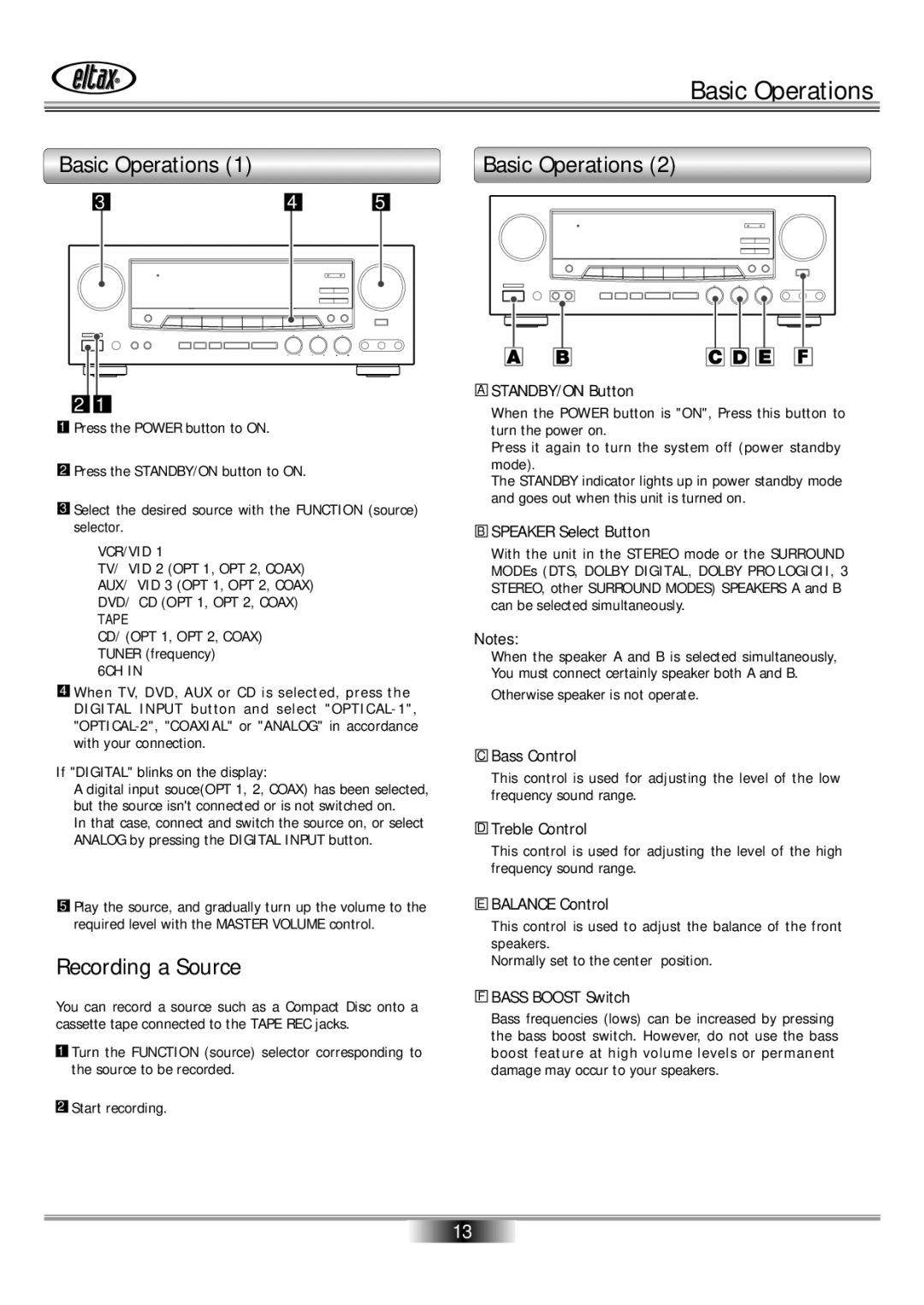 Eltax AVR-800 owner manual Basic Operations, Recording a Source 