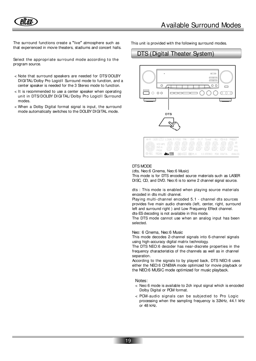 Eltax AVR-800 owner manual Available Surround Modes, DTS Digital Theater System, Neo 6 Cinema, Neo6 Music 