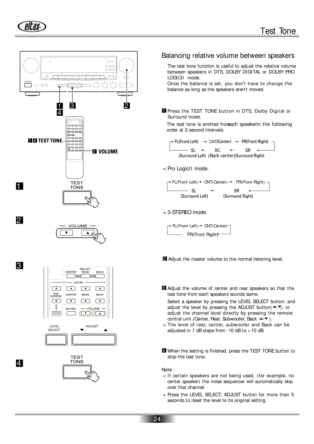 Eltax AVR-800 owner manual Test Tone, Balancing relative volume between speakers, Pro LogicII mode, Stereo mode 