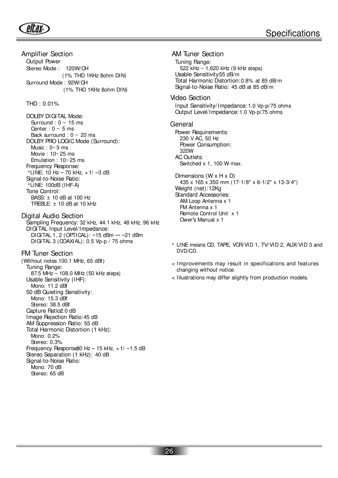 Eltax AVR-800 owner manual Specifications, Amplifier Section 