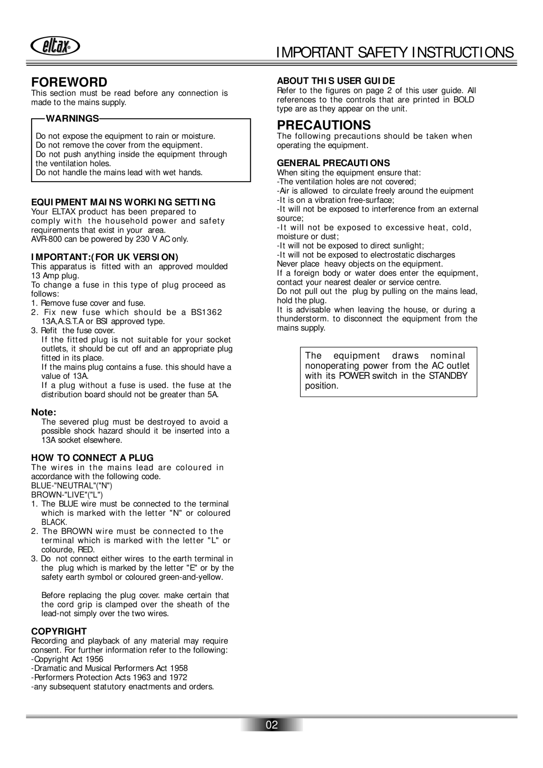 Eltax AVR-800 owner manual Important Safety Instructions 