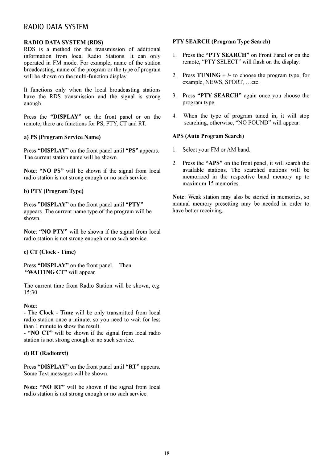 Eltax AVR-900 instruction manual Radio Data System RDS 