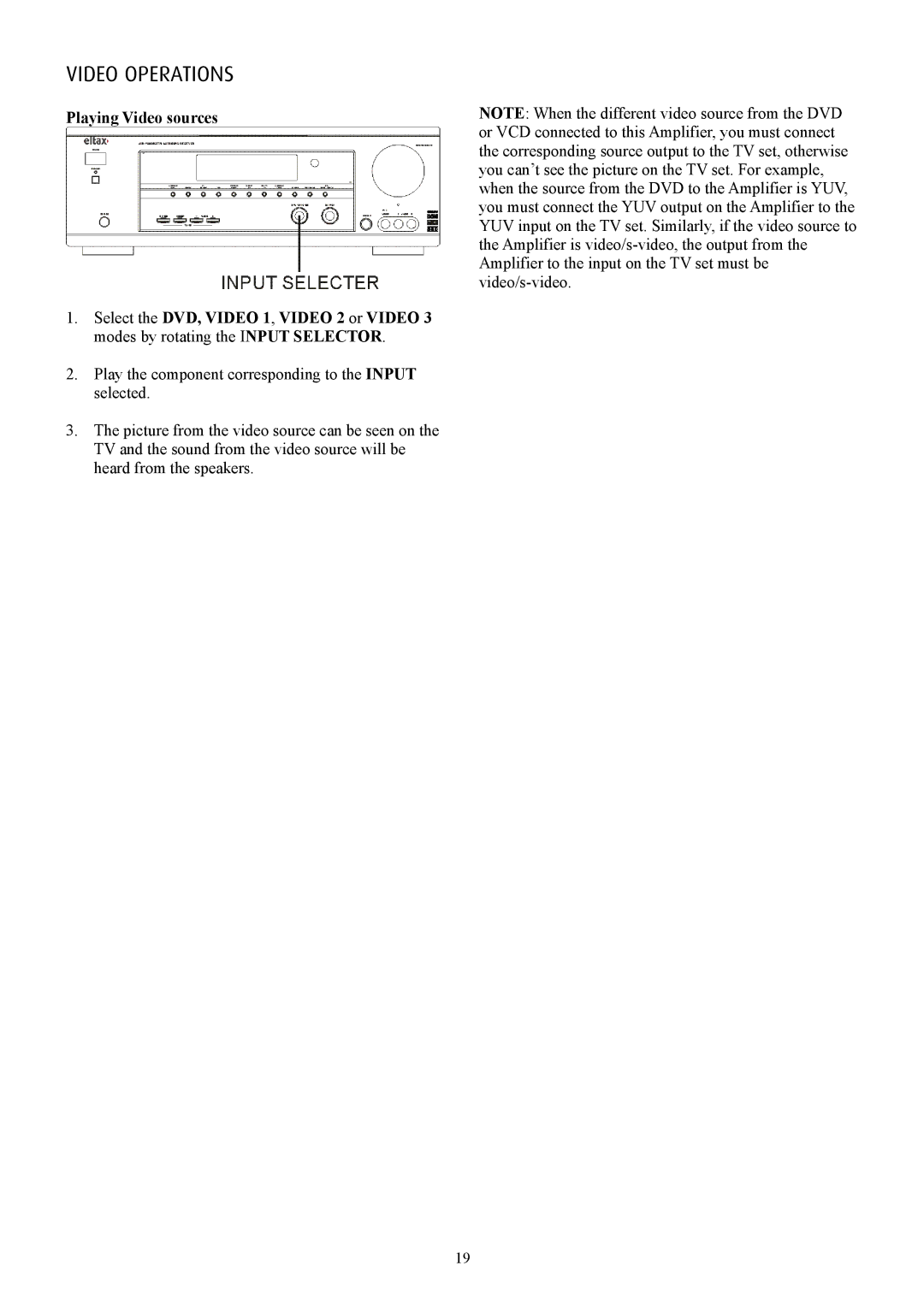 Eltax AVR-900 instruction manual Video Operations, Playing Video sources 