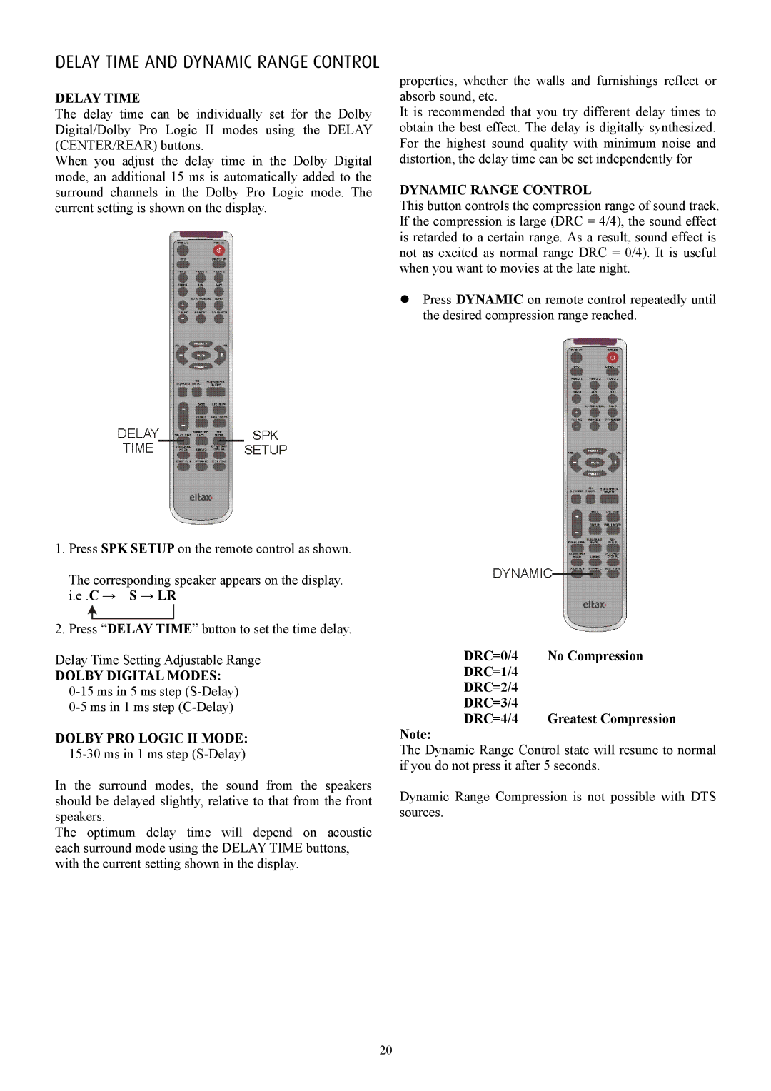 Eltax AVR-900 instruction manual Delay Time, Dynamic Range Control, DRC=0/4 No Compression DRC=1/4 DRC=2/4 DRC=3/4 DRC=4/4 