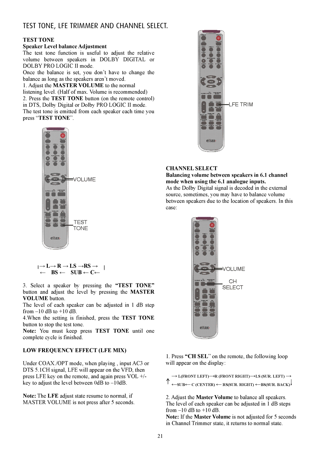 Eltax AVR-900 instruction manual Test TONE, LFE Trimmer and Channel Select, Test Tone, LOW Frequency Effect LFE MIX 