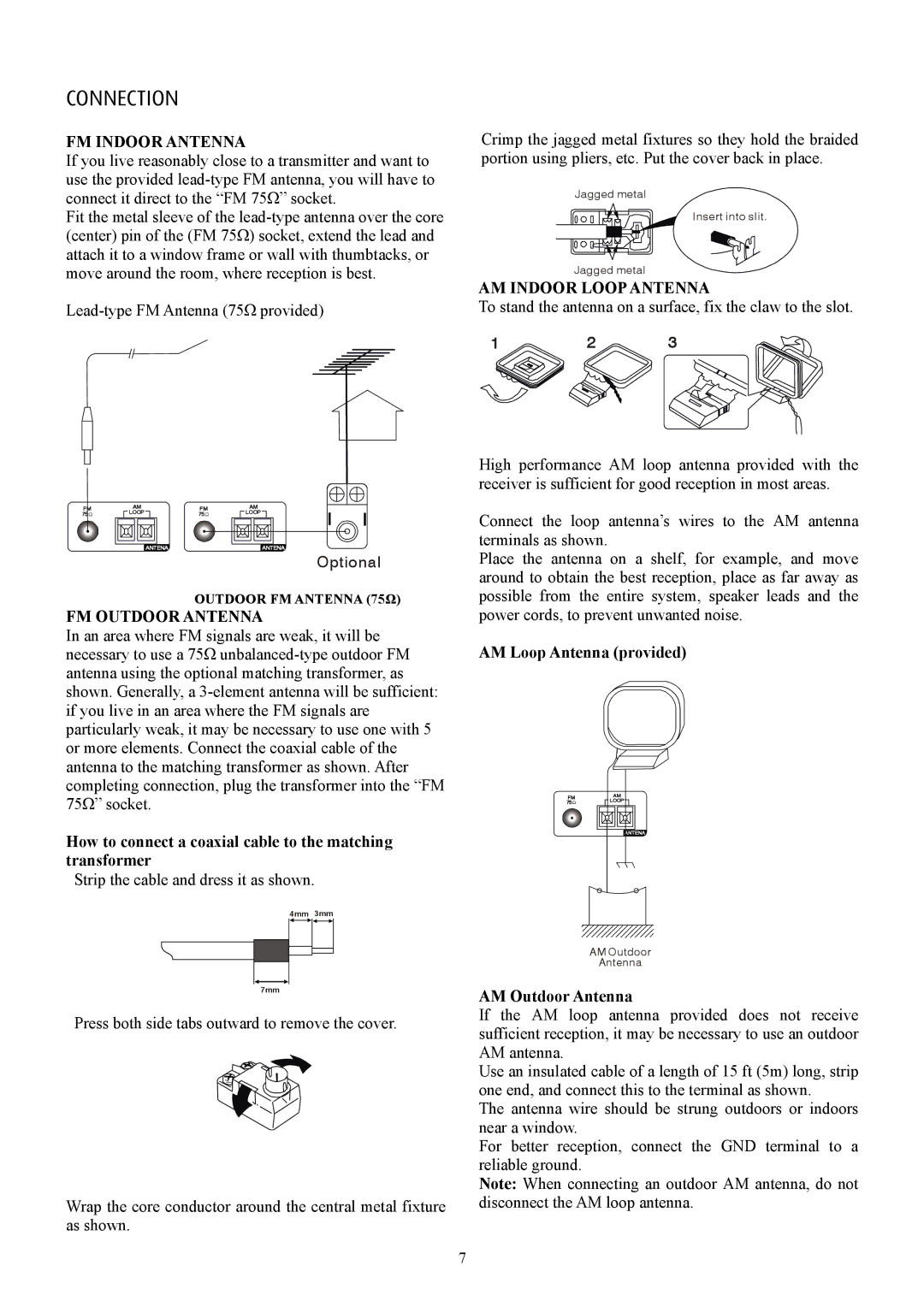 Eltax AVR-900 instruction manual Connection, FM Indoor Antenna, FM Outdoor Antenna, AM Indoor Loop Antenna 