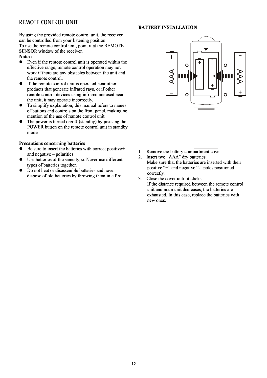 Eltax AVR-900 instruction manual Remote Control Unit, Precautions concerning batteries, Battery Installation 