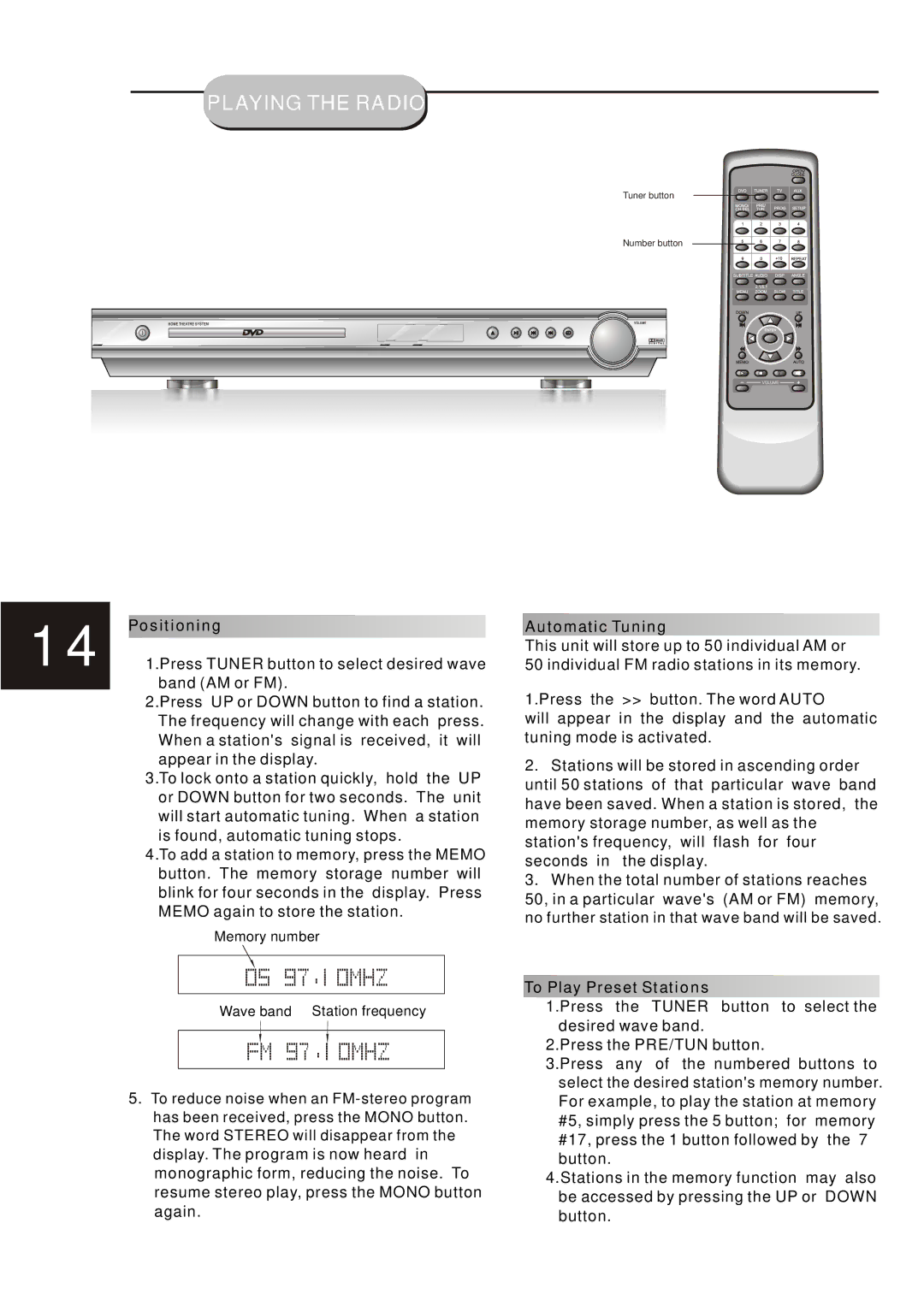 Eltax Cinema DVD Home Theatre System Vision DVD Home Theatre System Playing the Radio, Positioning Automatic Tuning 