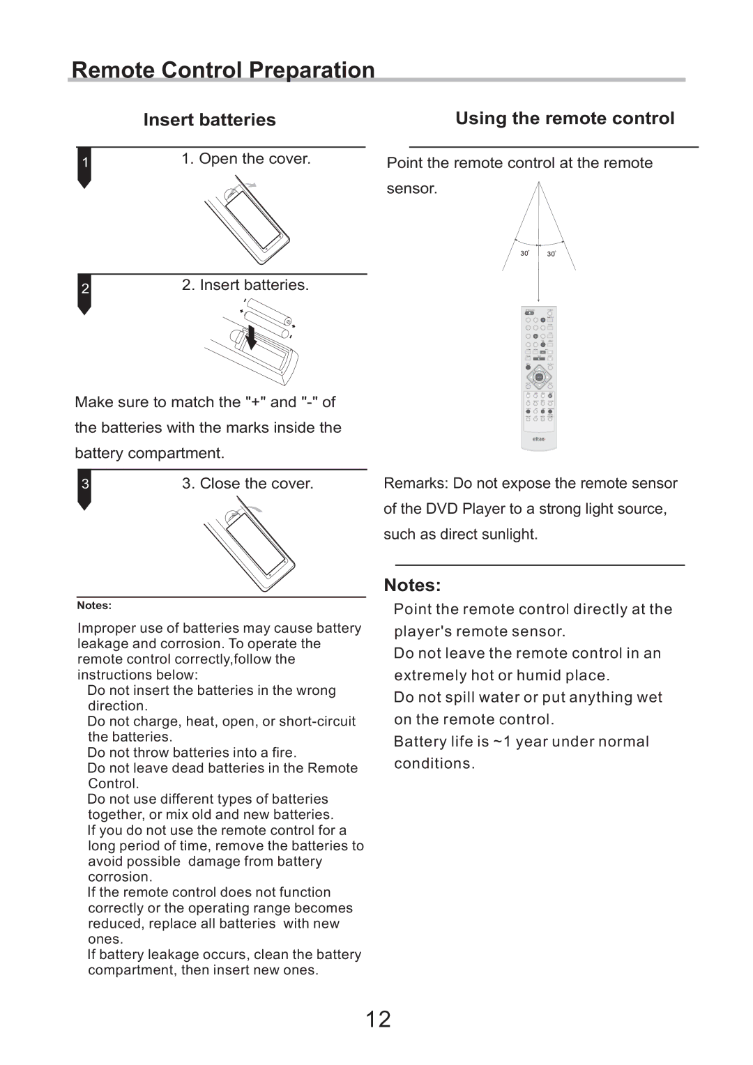 Eltax CV-153, DV-251, DV-252 instruction manual Remote Control Preparation, Insert batteries Using the remote control 