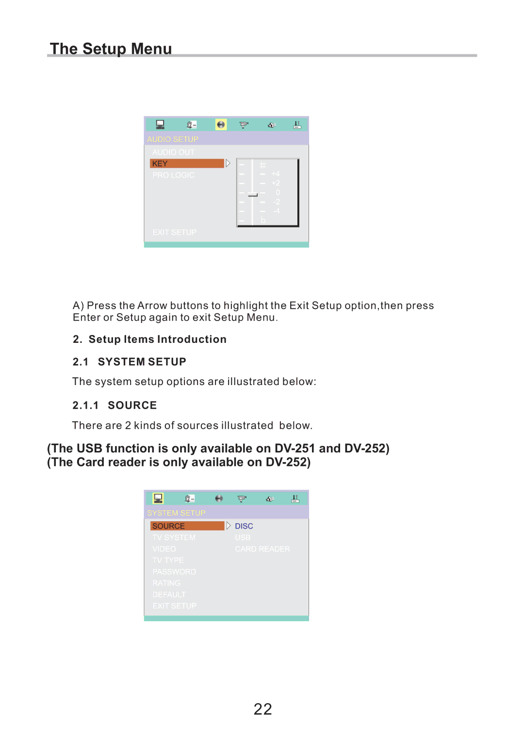 Eltax DV-251, CV-153, DV-252 instruction manual Setup Items Introduction, System Setup, Source 