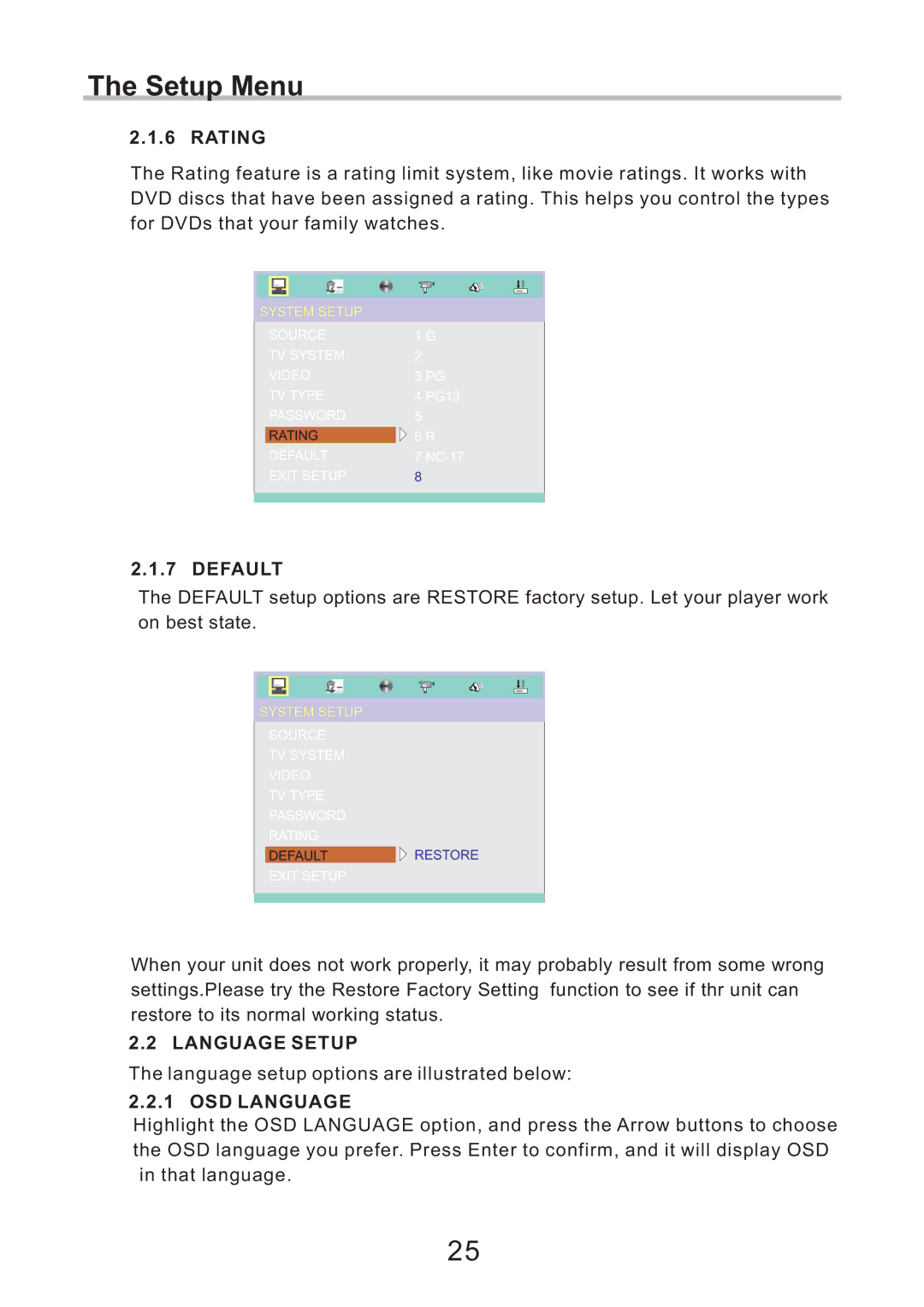 Eltax DV-251, CV-153, DV-252 instruction manual Rating, Default, Language Setup, OSD Language 
