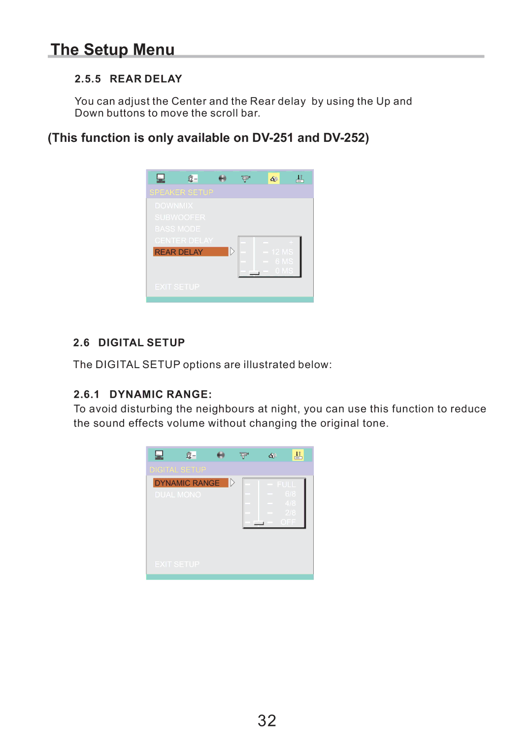 Eltax DV-252, CV-153, DV-251 instruction manual Rear Delay, Digital Setup, Dynamic Range 