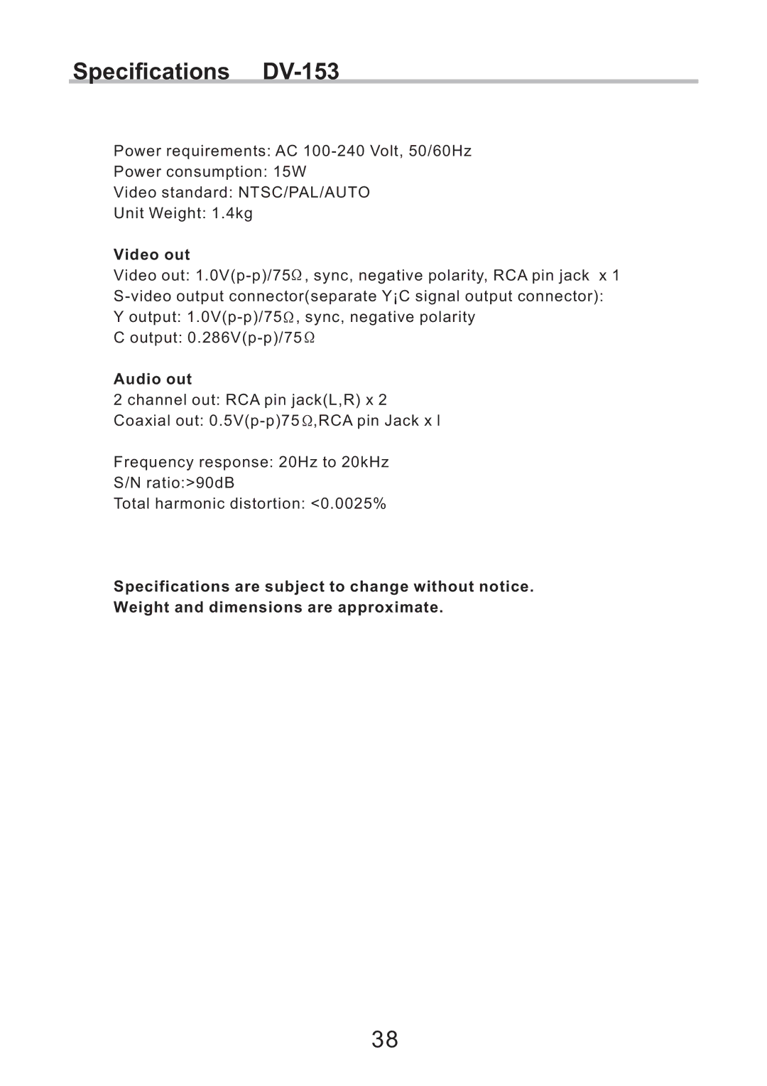 Eltax DV-252, CV-153, DV-251 instruction manual Specifications DV-153, Video out, Audio out 