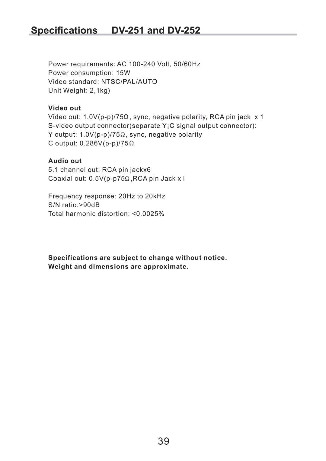 Eltax CV-153 instruction manual Specifications DV-251 and DV-252 