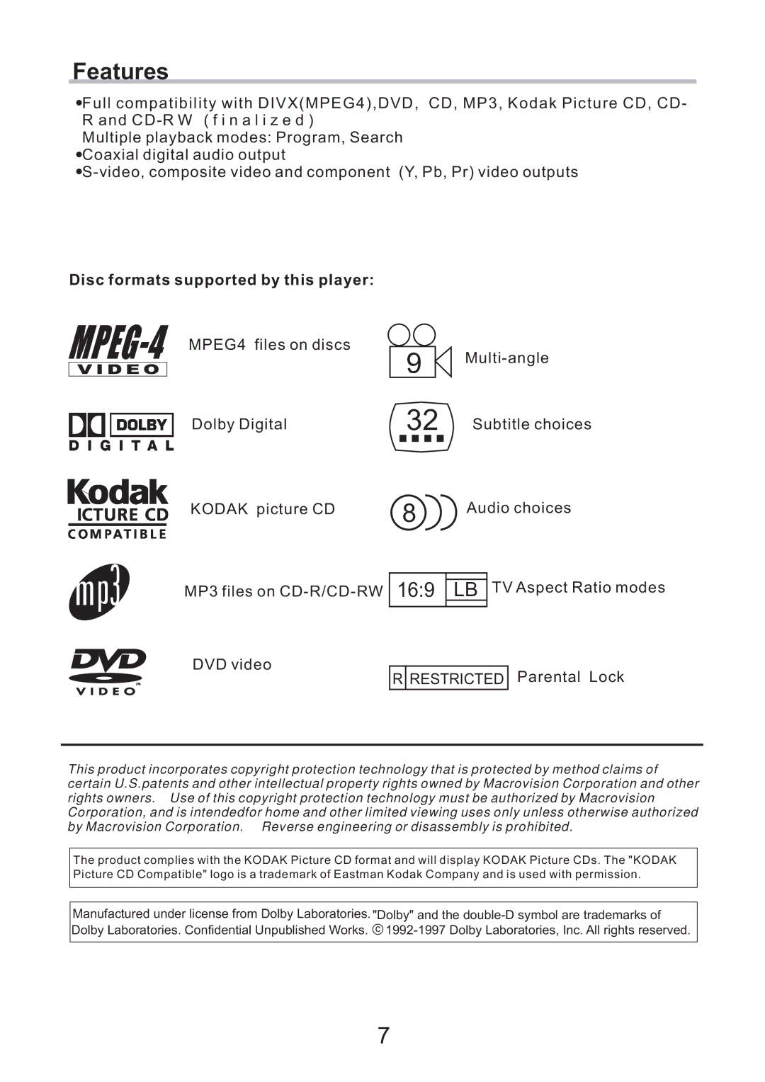 Eltax DV-251, CV-153, DV-252 instruction manual Features, Disc formats supported by this player 