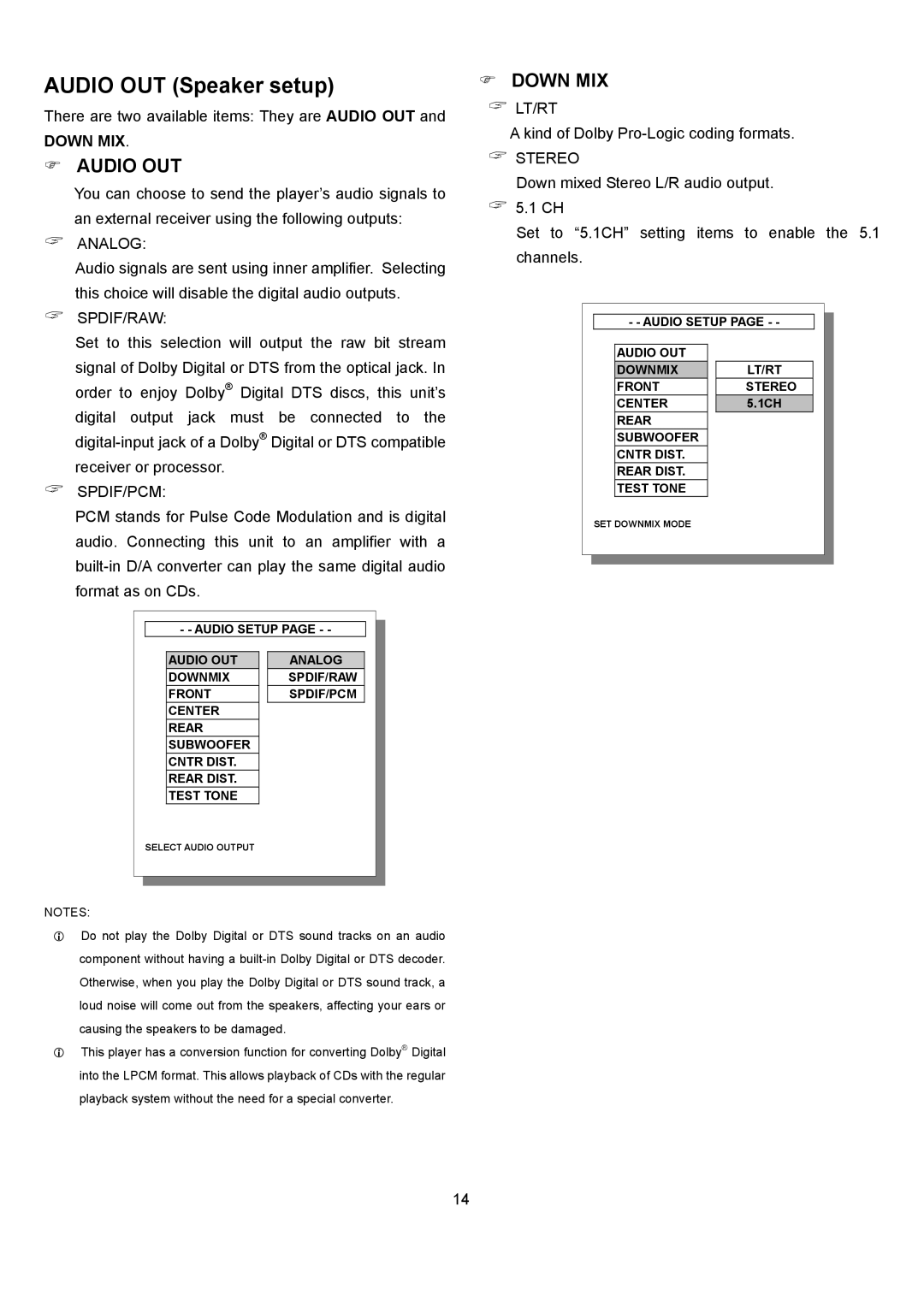 Eltax DR-110 instruction manual Audio OUT Speaker setup, Down MIX 