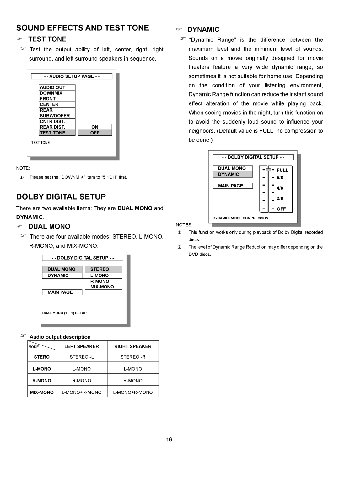 Eltax DR-110 instruction manual Dolby Digital Setup, Test Tone, Dual Mono, Dynamic 