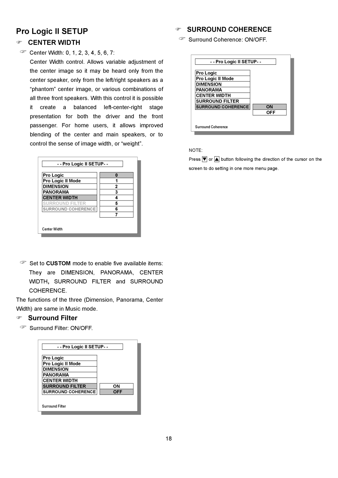 Eltax DR-110 instruction manual Center Width, Surround Filter, Surround Coherence 