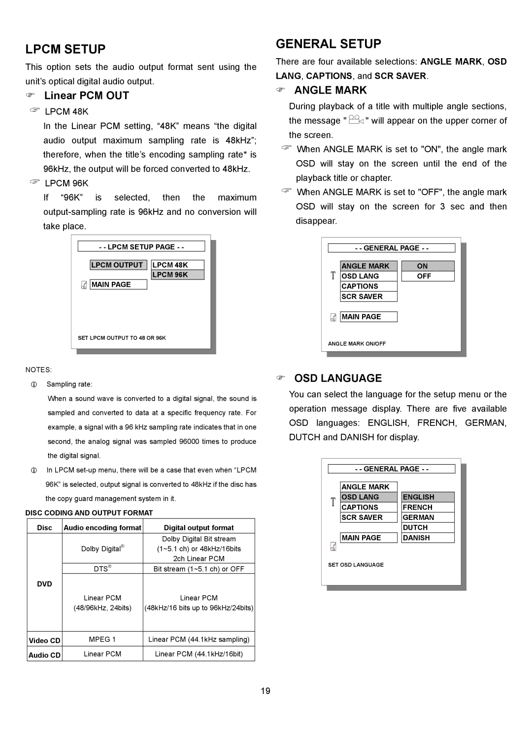 Eltax DR-110 instruction manual Lpcm Setup, General Setup, Linear PCM OUT, Angle Mark, OSD Language 