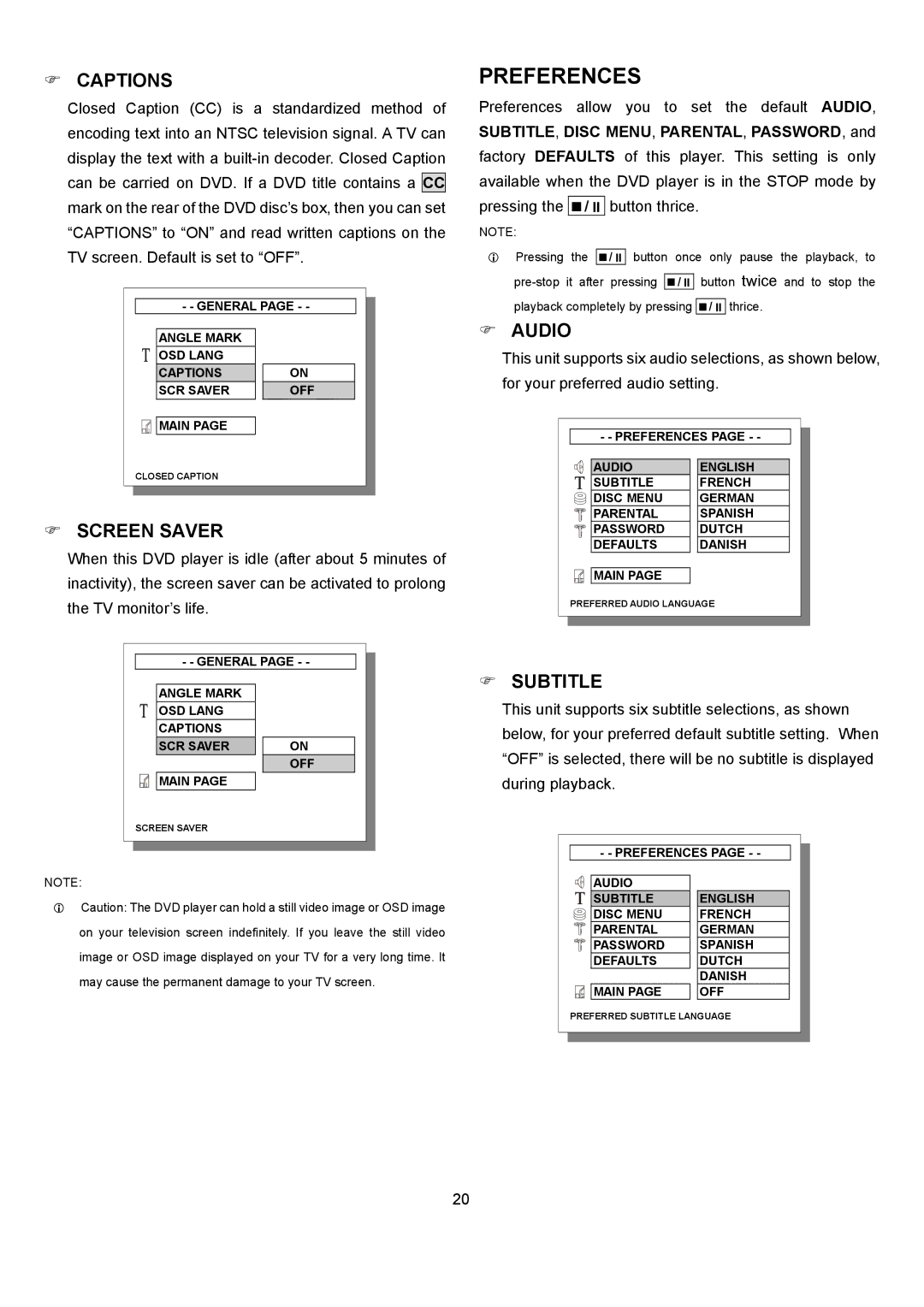 Eltax DR-110 instruction manual Preferences, Captions, Screen Saver, Audio, Subtitle 