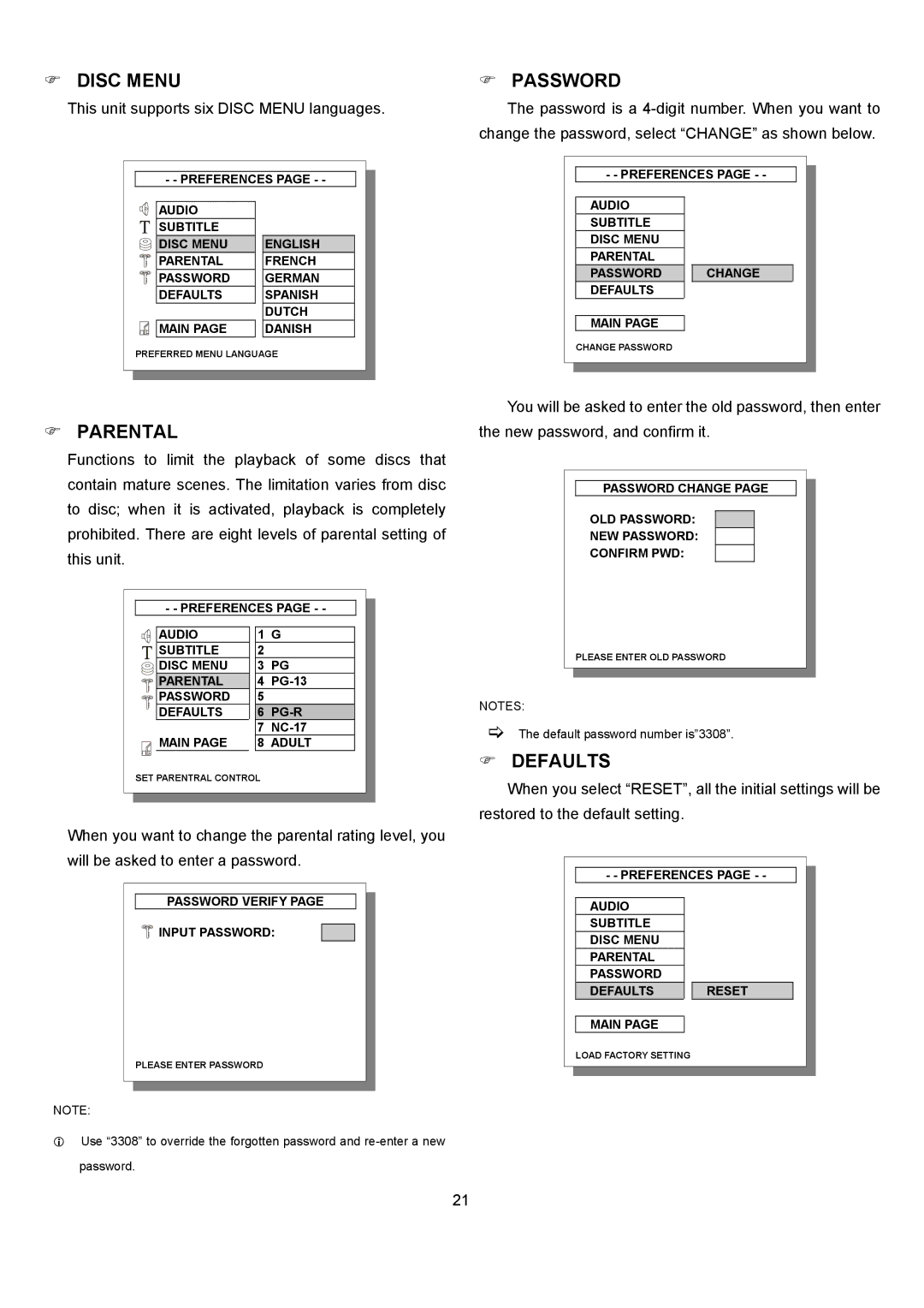 Eltax DR-110 instruction manual Disc Menu, Parental, Password, Defaults 