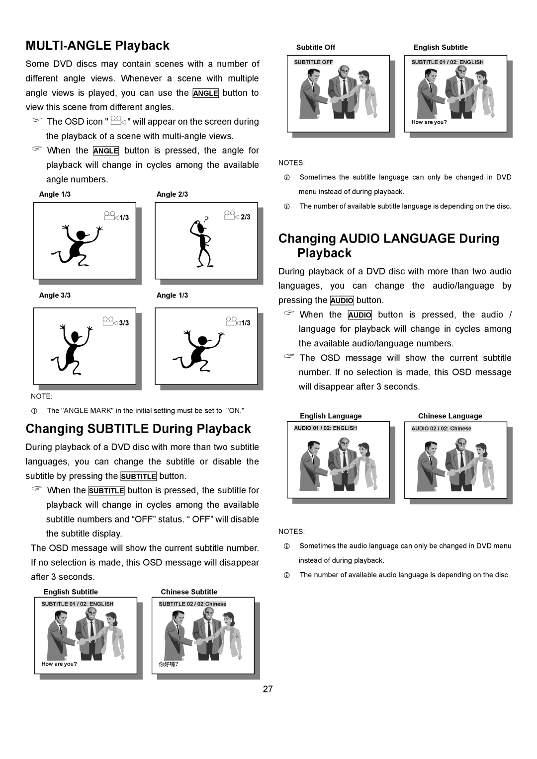 Eltax DR-110 MULTI-ANGLE Playback, Changing Audio Language During Playback, Changing Subtitle During Playback 