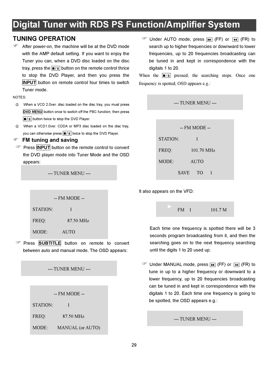 Eltax DR-110 instruction manual Tuning Operation, FM tuning and saving 