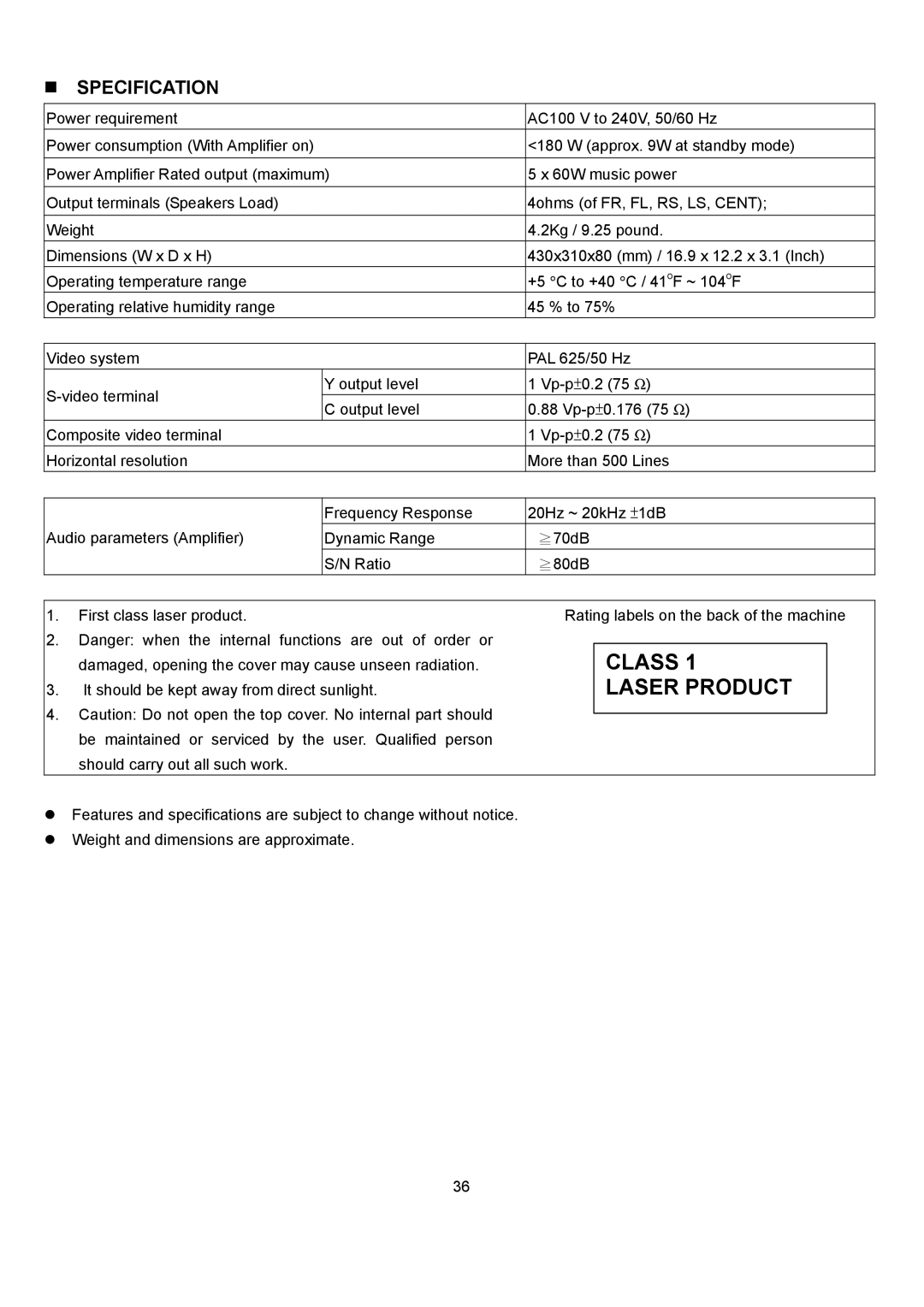 Eltax DR-110 instruction manual Class, Laser Product, Specification 