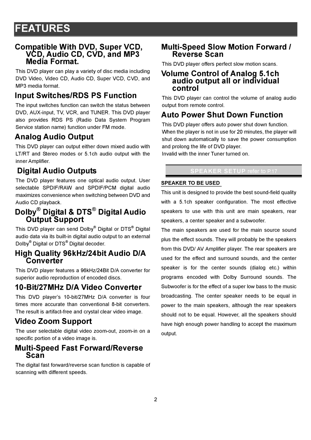 Eltax DR-110 instruction manual Features, Speaker to be Used 