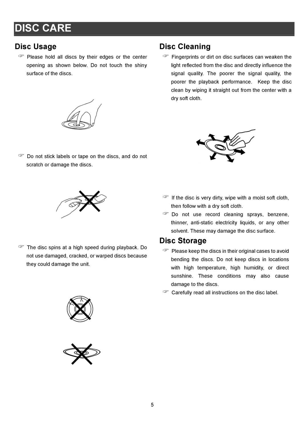 Eltax DR-110 instruction manual Disc Care, Disc Usage 