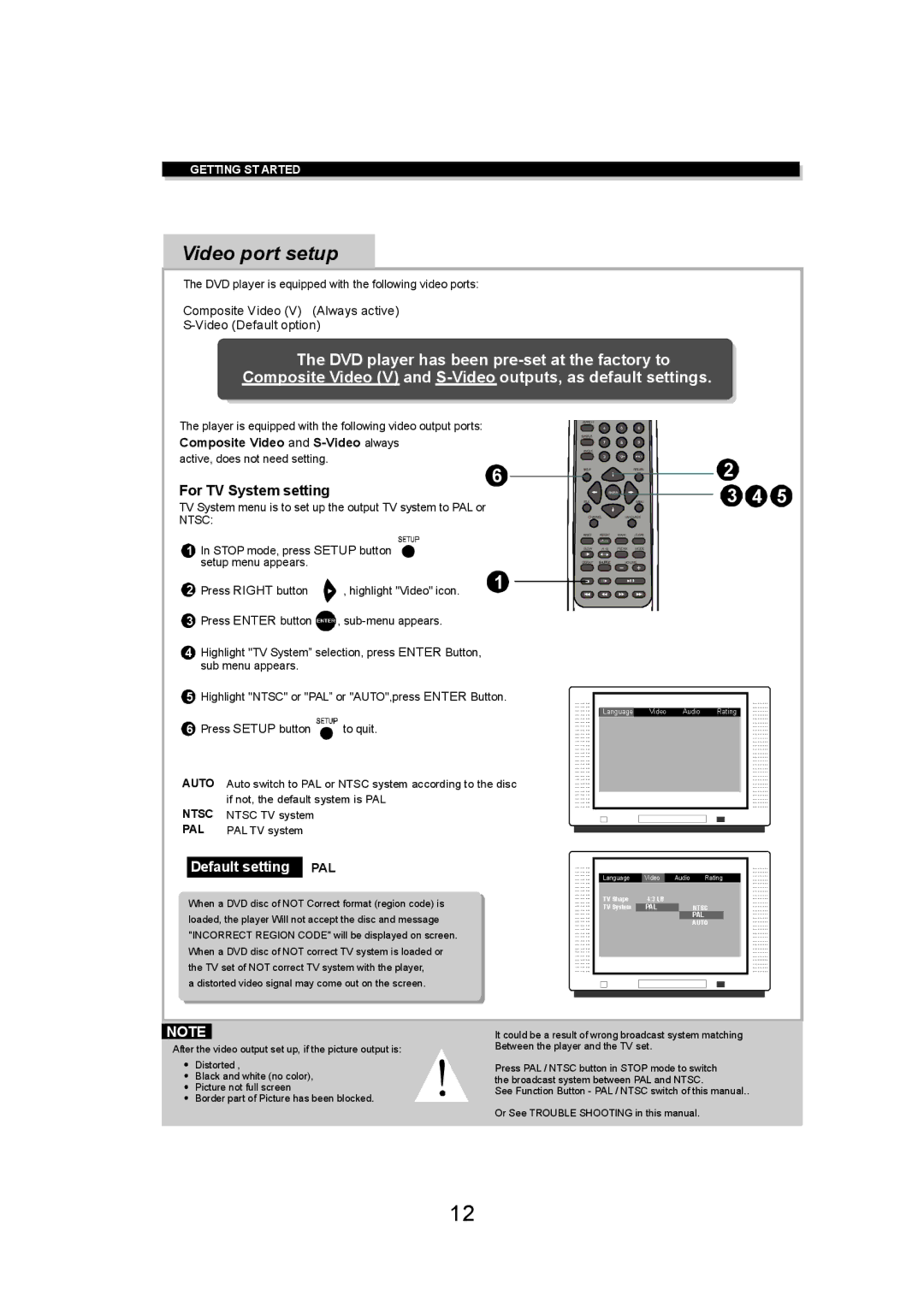 Eltax DV-150 Video port setup, For TV System setting, DVD player is equipped with the following video ports 