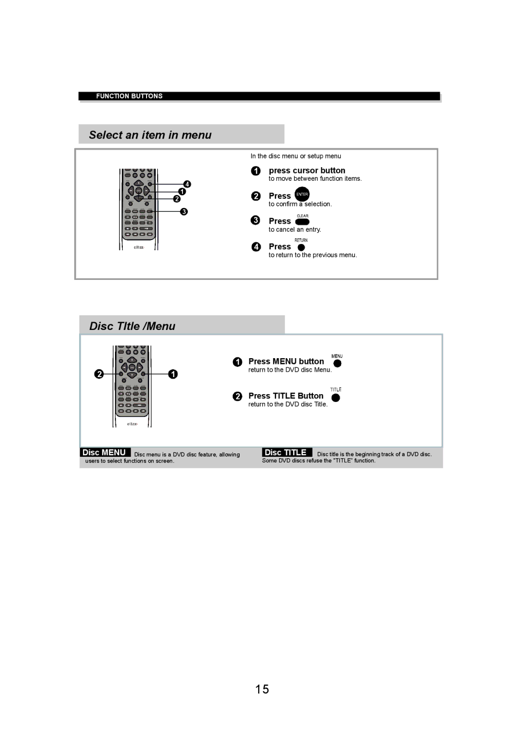 Eltax DV-150 instruction manual Select an item in menu, Disc TItle /Menu 