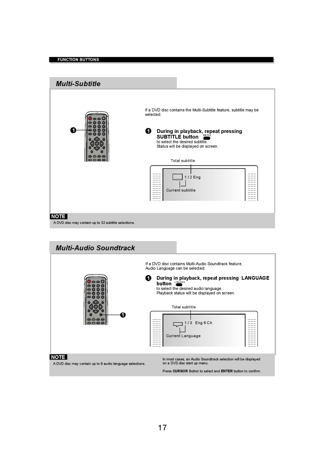 Eltax DV-150 instruction manual Multi-Subtitle, Multi-Audio Soundtrack, During in playback, repeat pressing Subtitle button 