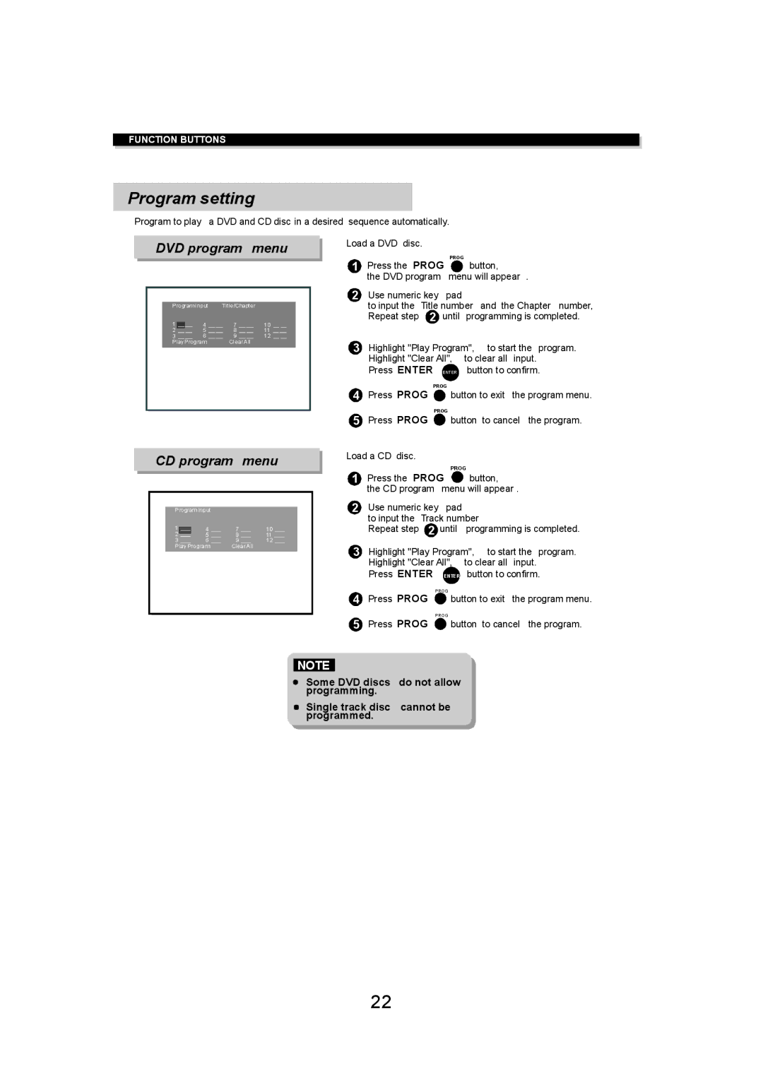 Eltax DV-150 instruction manual Program setting, Load a DVD disc Press the Prog, Press Prog button to exit the program menu 