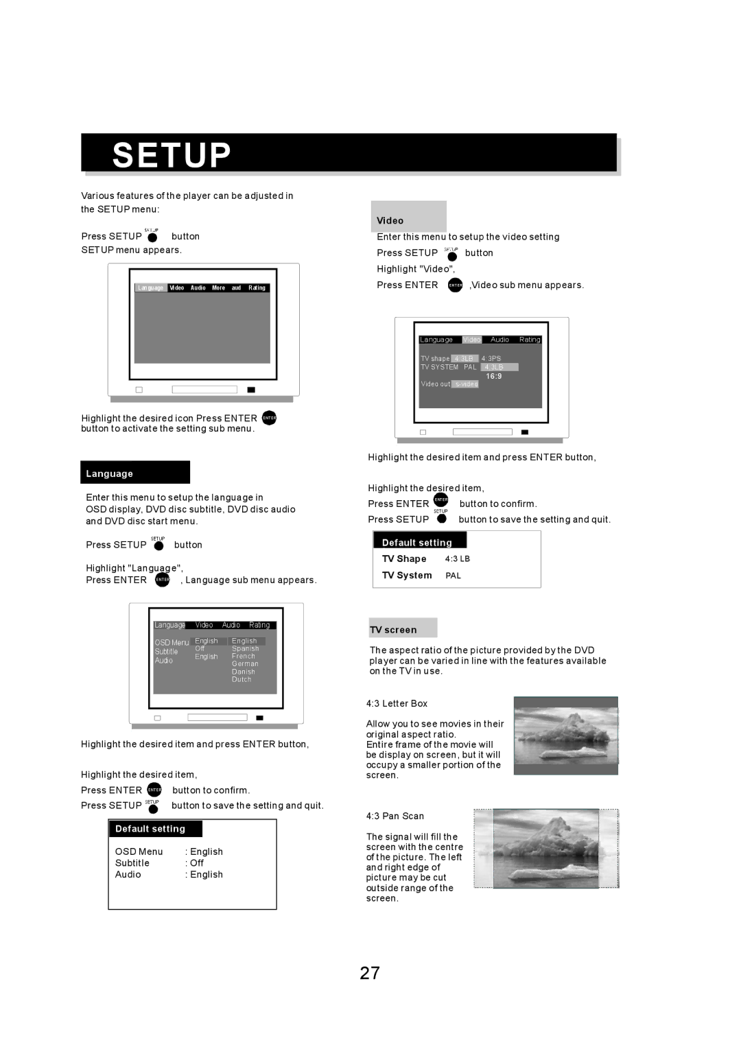 Eltax DV-150 Language sub menu appears, Highlight the desired item and press Enter button, Button to confirm 