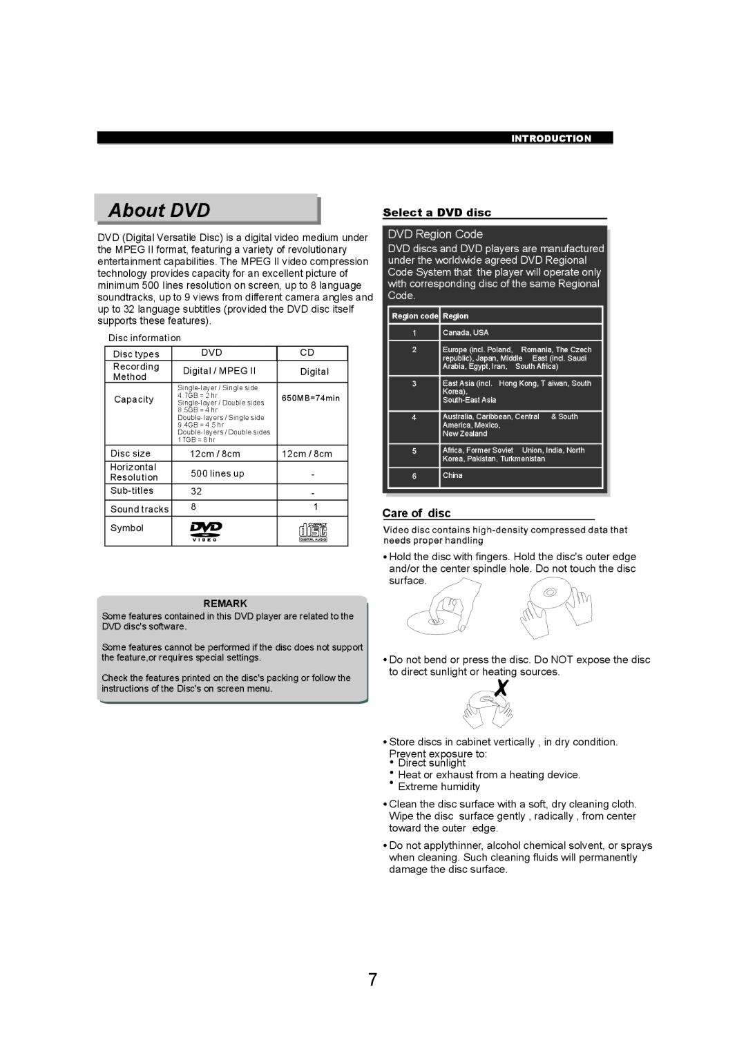 Eltax DV-150 instruction manual Care of disc, Disc information Disc types, Recording Digital / Mpeg Method, Capacity 