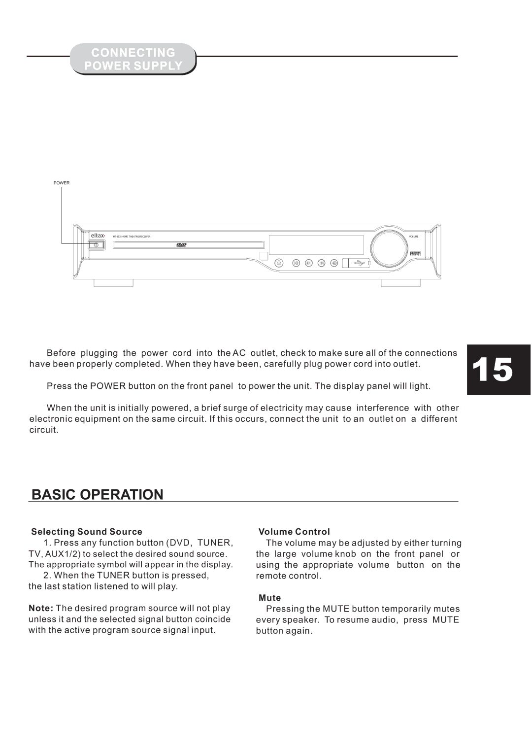 Eltax HT-153 instruction manual Connecting Power Supply, Selecting Sound Source, Volume Control, Mute 